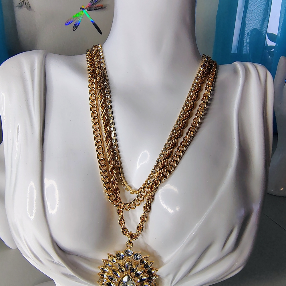 Paparazzi 3 Layer Goldtone Necklace with Crystal Cluster Pendant
